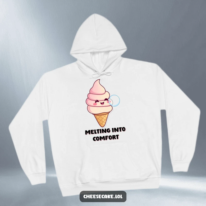 Funny warm hoodie showcasing a smiling ice cream swirl in a cone blowing a bubble, perfect for cozy, sweet humor.