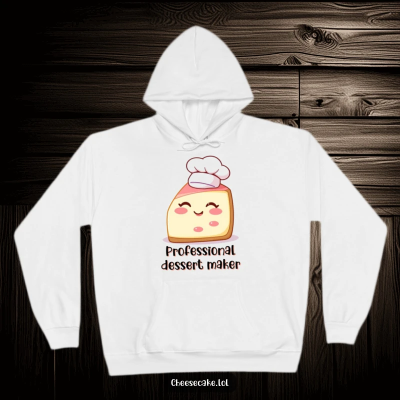 Funny hoodie featuring a cheerful cheesecake slice winking while wearing a small chef hat, perfect for cozy baking fun.
