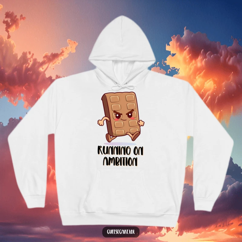 Funny hoodie featuring a determined chocolate bar running a race, designed for comfort and motivational vibes.
