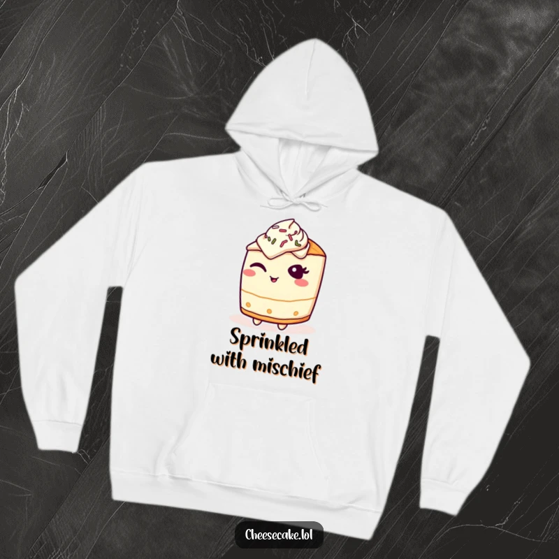 Funny Hoodie: A cheesecake character giving a mischievous wink, covered in colorful sprinkles, perfect for cozy fun.