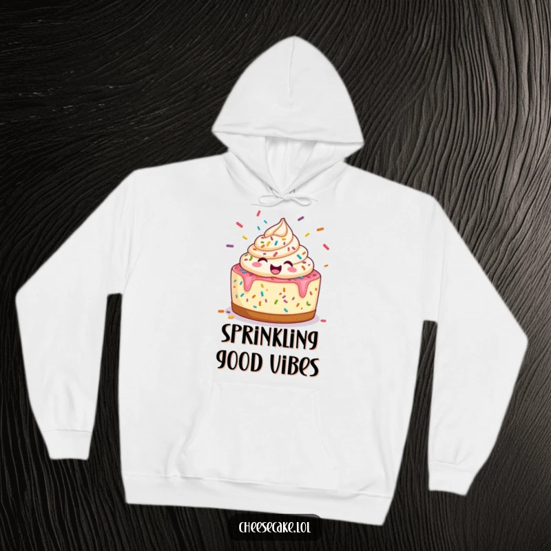 Funny Hoodie: A cheerful cheesecake is in motion, juggling a delightful array of colorful sprinkles.