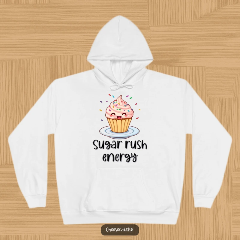 Funny Excited Cupcake Hoodie: A cozy sweatshirt depicting a cupcake with sprinkles spinning around excitedly on a plate.
