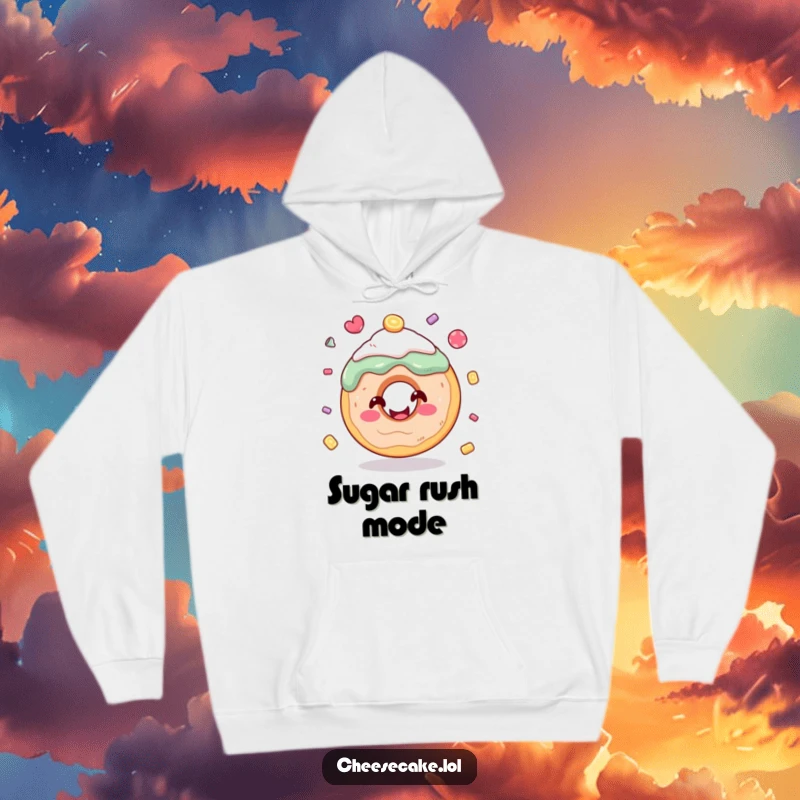 Funny donut hoodie featuring a cheerful donut juggling colorful candy pieces, perfect for cozy, humorous wear.