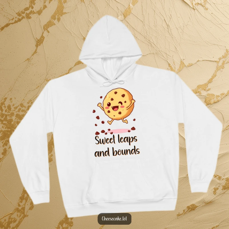 Funny warm hoodie showcasing a jumping cookie with scattering chocolate chips, perfect for cozy days and sweet humor.