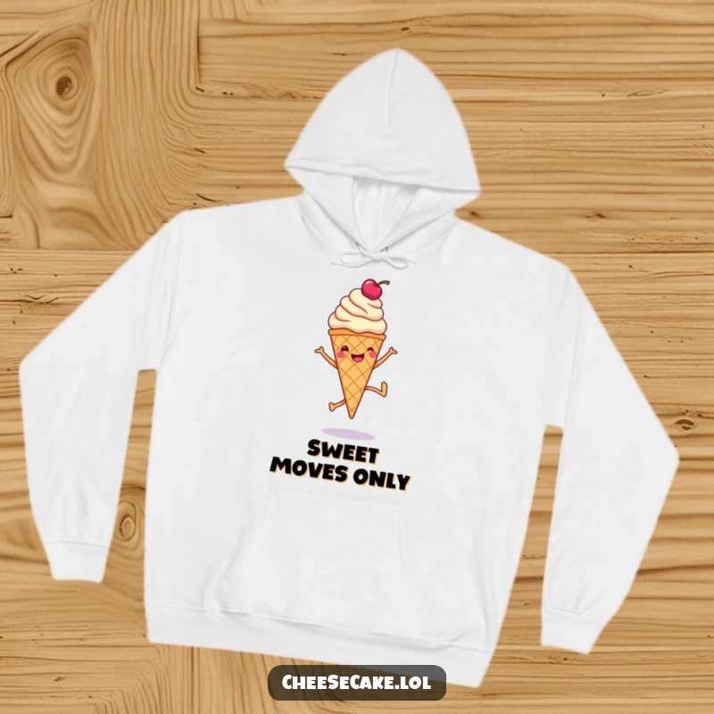 Funny hoodie with a smiling ice cream cone doing a cartwheel, perfect for cozying up with a sweet design.