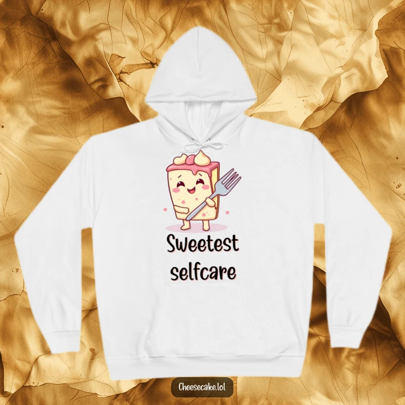 Funny cheesecake slice hoodie design, featuring a wobbly dessert gleefully laughing and holding a disproportionately large fork, a humorous statement piece.