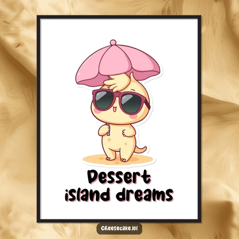 Funny Free Printable Wall Art: A cheesecake character wearing sunglasses and chilling under a tiny beach umbrella, radiating relaxation.