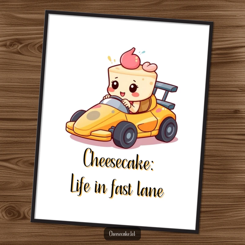 Funny Free Printable Wall Art: A cheesecake confidently racing in a tiny car, speeding forward with determination, downloadable.
