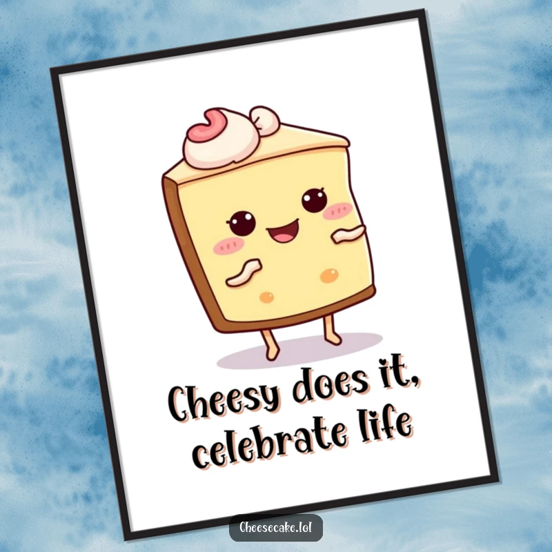 Funny Free Printable Cheesecake Shimmy Art: A slice of cheesecake with animated legs and eyes, captured mid-shimmy with glee.