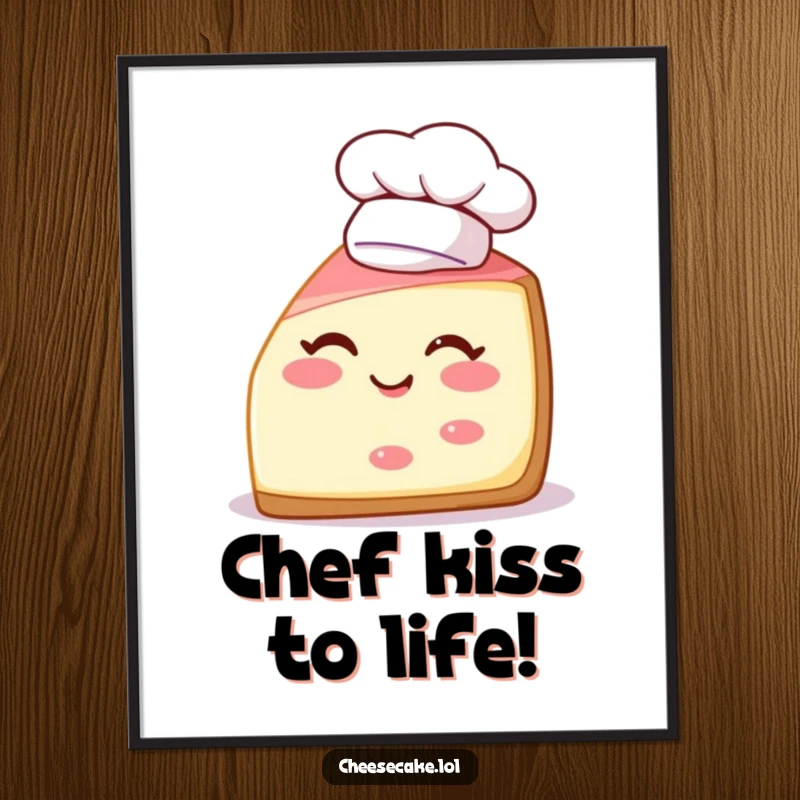 Funny Free Printable Wall Art: Cheerful cheesecake slice wearing chef hat winks playfully.