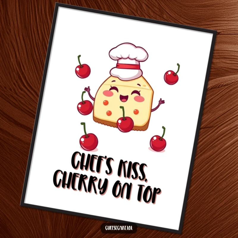 Funny Free Printable Wall Art: A cheesecake slice wearing a tiny chef hat skillfully juggles vibrant cherries.