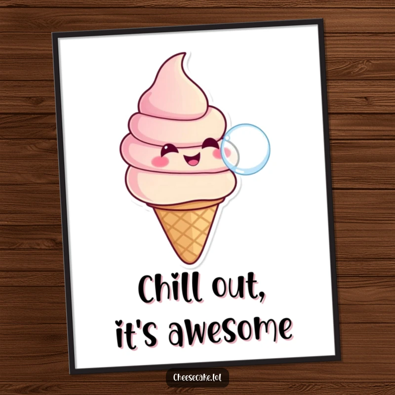 Funny Free Printable Wall Art: A smiling ice cream cone in a cone, blowing a big, fun bubble.
