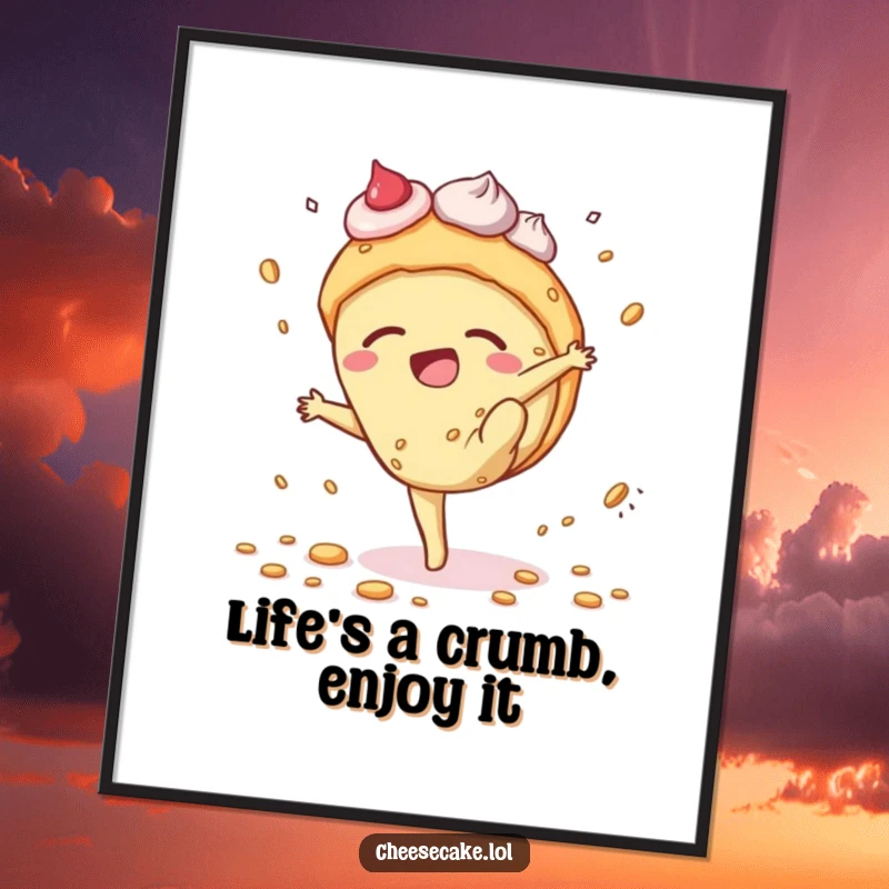 Funny Free Printable Wall Art: A cheesecake character in a crumb-scattering cartwheel pose, adding humor to decor.