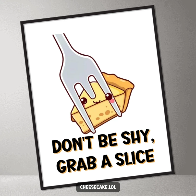 Funny Free Printable Wall Art: A shy pie slice peeks out from behind a huge fork, adding whimsical kitchen charm.