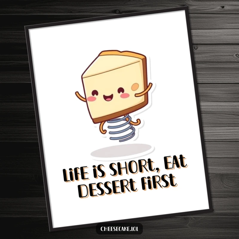 Funny Free Printable Wall Art: A smiling slice of cheesecake with little legs joyfully bounces high on a coiled spring.