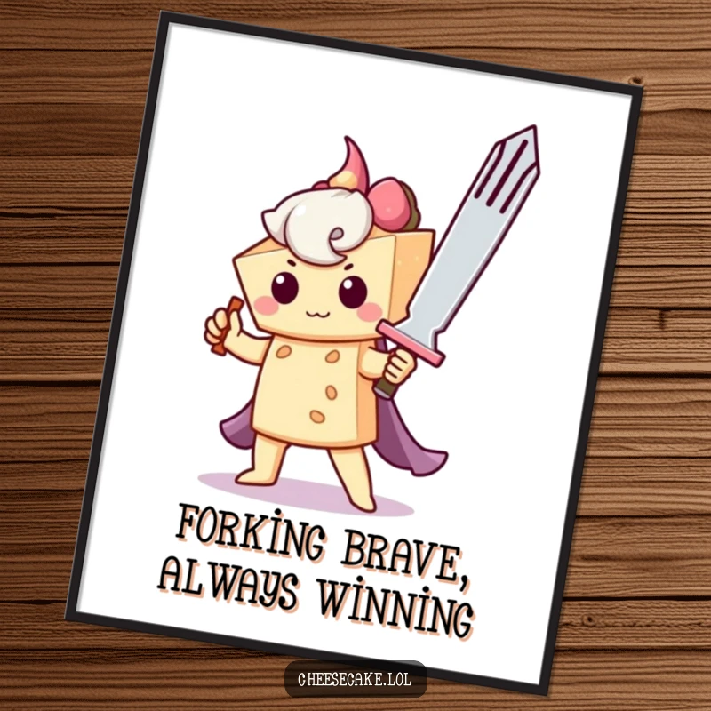 Funny free printable wall art of a courageous cheesecake character wielding a giant fork like a sword, looking ready for battle.