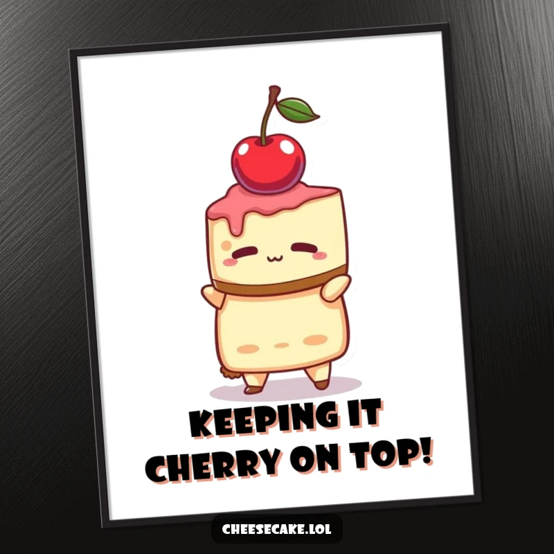 Funny Free Printable Wall Art of a cheesecake character concentrating with all its might to balance a single cherry on its head. Quirky art.