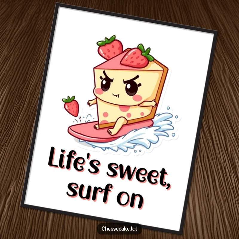 Funny Free Printable Wall Art: Cheesecake character with a determined look, expertly surfing a massive strawberry wave.