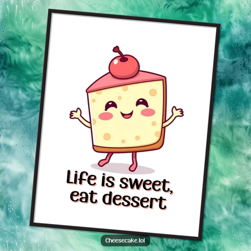 Funny Free Printable Wall Art: A smiling cheesecake slice topped with a cherry does a cheerful jig, adding a whimsical touch.