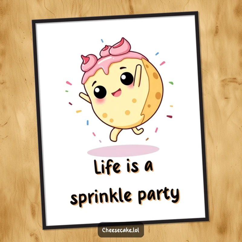 Funny free printable wall art of a cheesecake performing an energetic cartwheel, with a shower of colorful sprinkles exploding outwards.