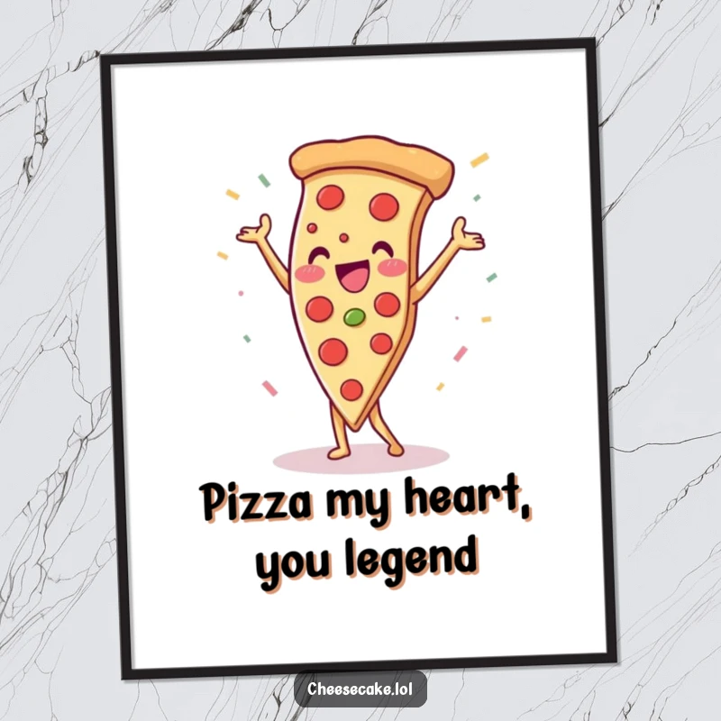 Funny Free Printable Wall Art: A triumphant pizza slice doing a handstand with confetti falling, adding kitchen cheer.