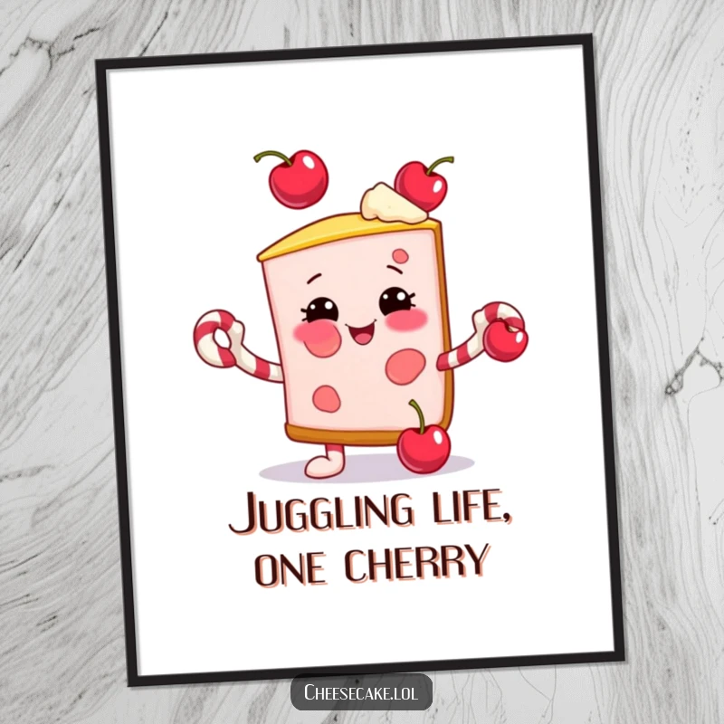 Funny Free Printable Wall Art: Smiling cheesecake slice juggles cherries with candy cane arms.