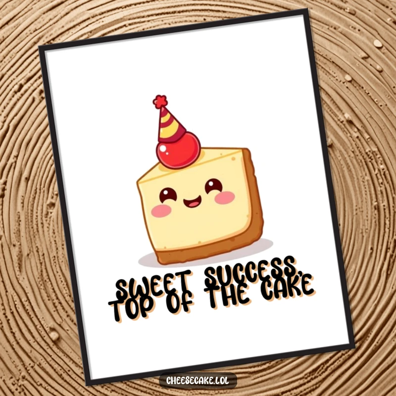 Funny free printable wall art of a happy cheesecake slice with a cherry head, wearing a tiny party hat, radiating festive energy.