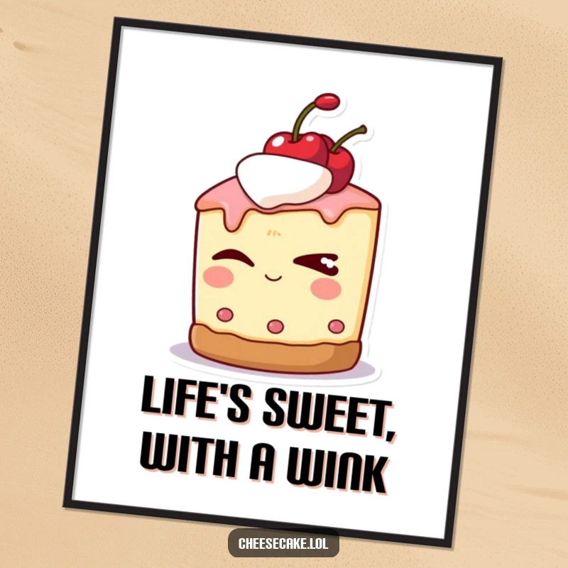 Funny Free Printable Wall Art: Cheesecake character with a cherry on top, giving a sly wink, adding a touch of cheeky humor to wall decor.