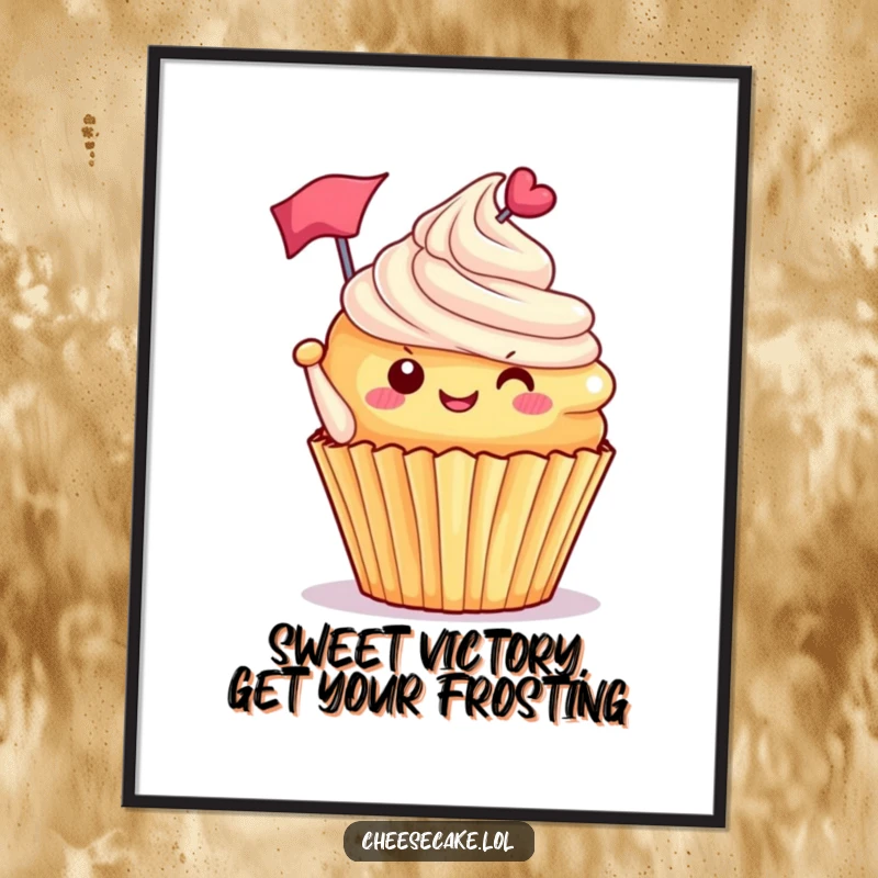 Funny Free Printable Wall Art: A delighted cupcake with frosting tipped waves a tiny flag, adding playful charm.