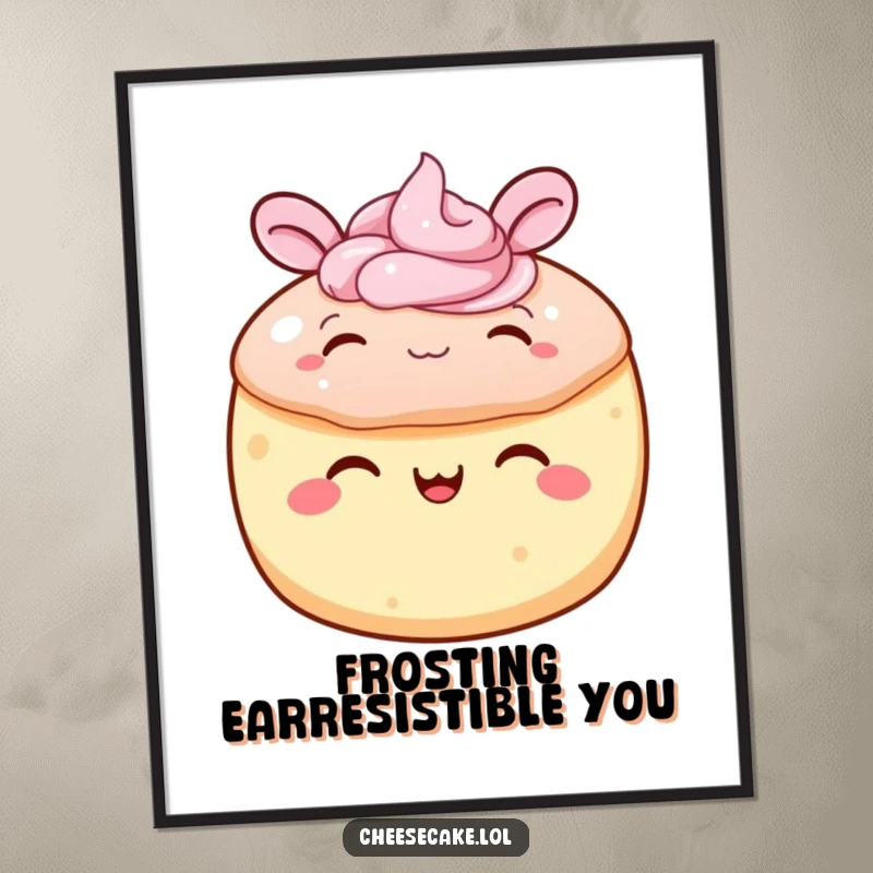 Funny Free Printable wall art of a round cake with frosting ears joyfully wiggling. A playful and vibrant piece.