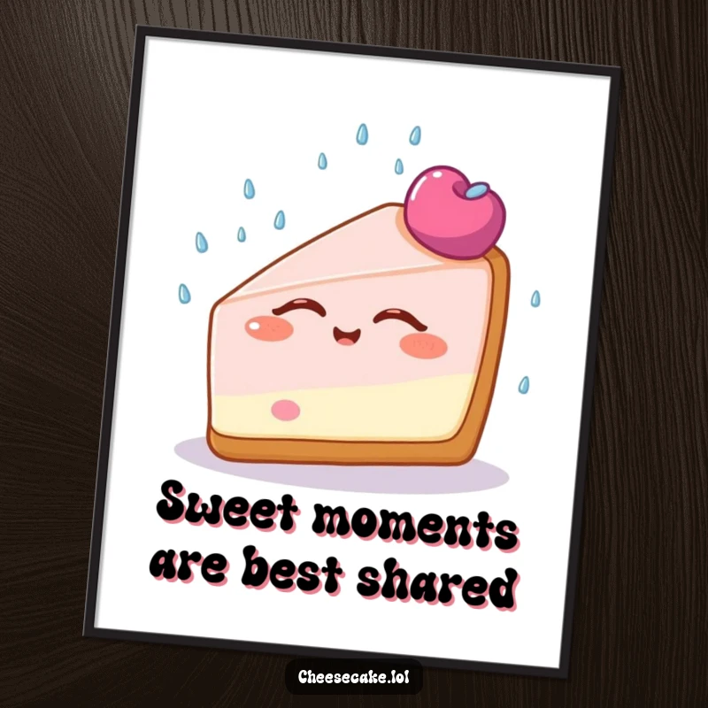 Funny Free Printable Wall Art: A cheesecake slice basks in a blissful sprinkle shower, eyes closed in sweet contentment.
