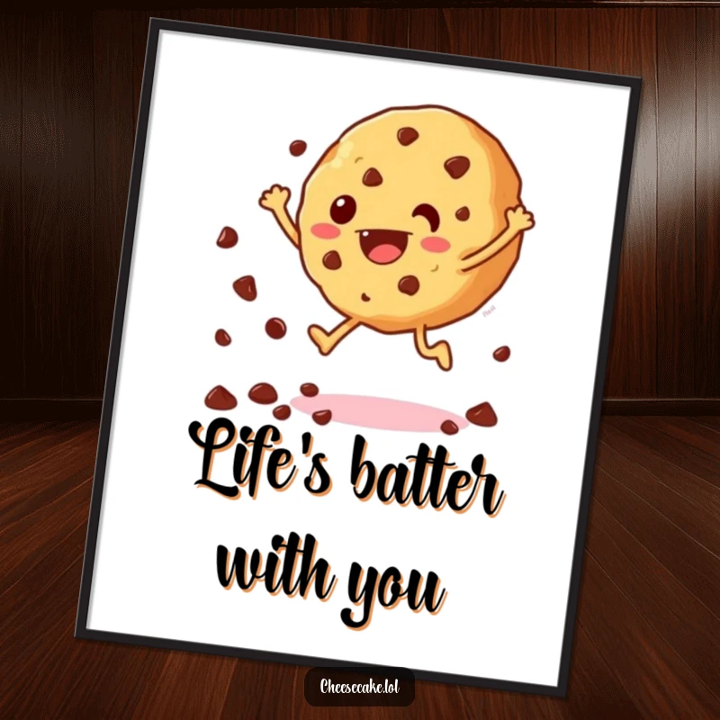 Funny Free Printable Wall Art: A cheerful cookie mid-jump with chocolate chips scattering, embodying pure, sweet happiness.