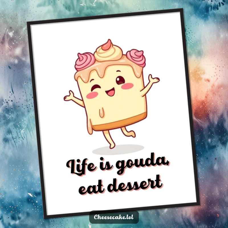Funny Free Printable Wall Art of a cheesecake covered in frosting, performing an energetic, silly dance.
