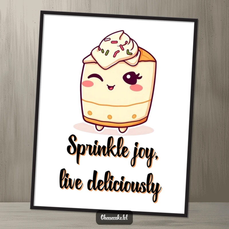 Funny Free Printable Wall Art: Cheesecake character with a mischievous wink, covered in vibrant sprinkles, looking charming.