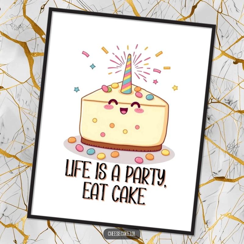 Funny Free Printable Wall Art: A cheesecake slice is joyfully showered with candy from a popping party popper, a festive scene.