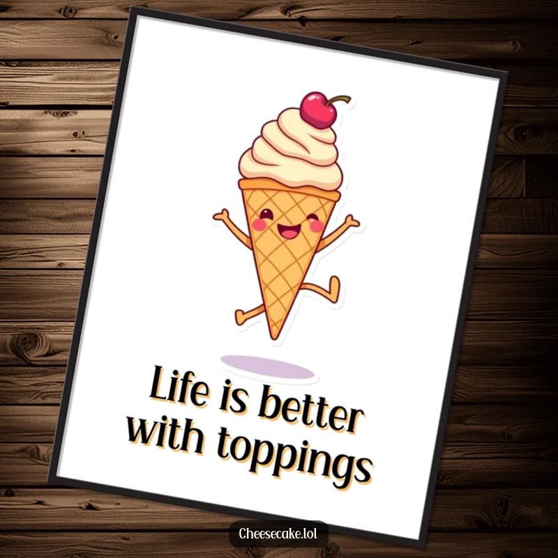 Funny Free Printable Wall Art: A smiling ice cream cone doing a cartwheel, with a cherry on top, for whimsical decor.