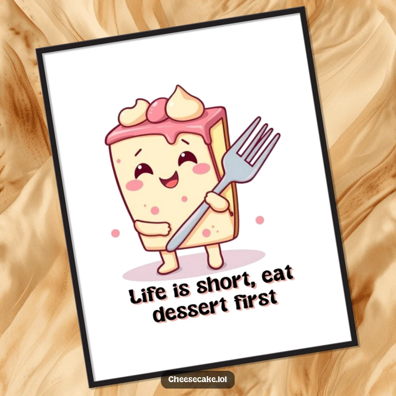 Funny free printable wall art of a wobbly cheesecake slice with a giant fork, radiating pure, contagious giggles.