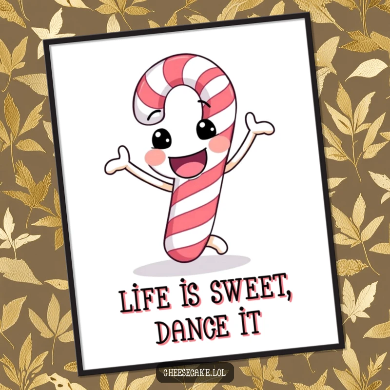 Funny Free Printable Wall Art: A candy cane with a cheerful grin doing a funny dance, adding whimsy to decor.