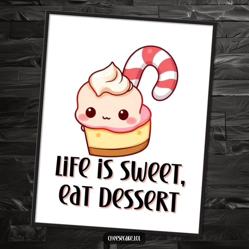 Funny Free Printable Wall Art: A cheesecake peeking mischievously from behind a gigantic candy cane, adding playful charm.