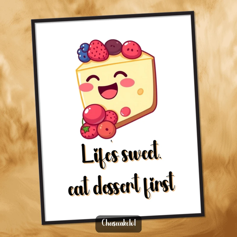 Funny Free Printable Wall Art: A joyful cheesecake slice with a mouth packed with berries, radiating happiness and humor.