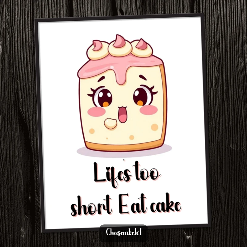 Funny Free Printable Wall Art featuring a surprised cheesecake missing a bite, ideal for humorous home decor.
