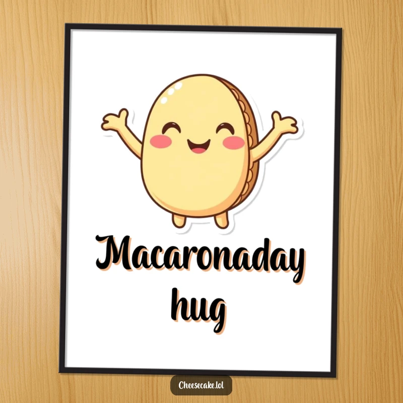 Funny Free Printable wall art featuring a happy macaron character enthusiastically offering a loving hug. Whimsical decor.