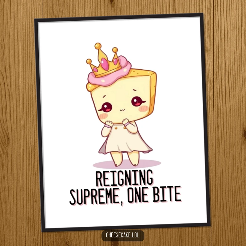 Funny Free Printable Wall Art: Elegant cheesecake character wearing a tiny crown, posing regally, adding a touch of humorous sophistication to any room.