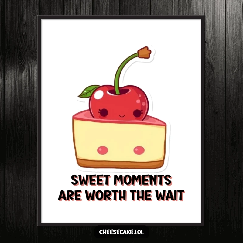 Funny Free Printable Wall Art: A shy cheesecake wedge blushing as it peeks from behind a cherry, adding whimsy.