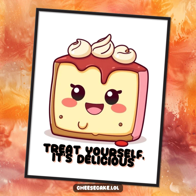 Funny Free Printable Wall Art: A smiling cheesecake character happily taking a bite from its own perfectly round body.