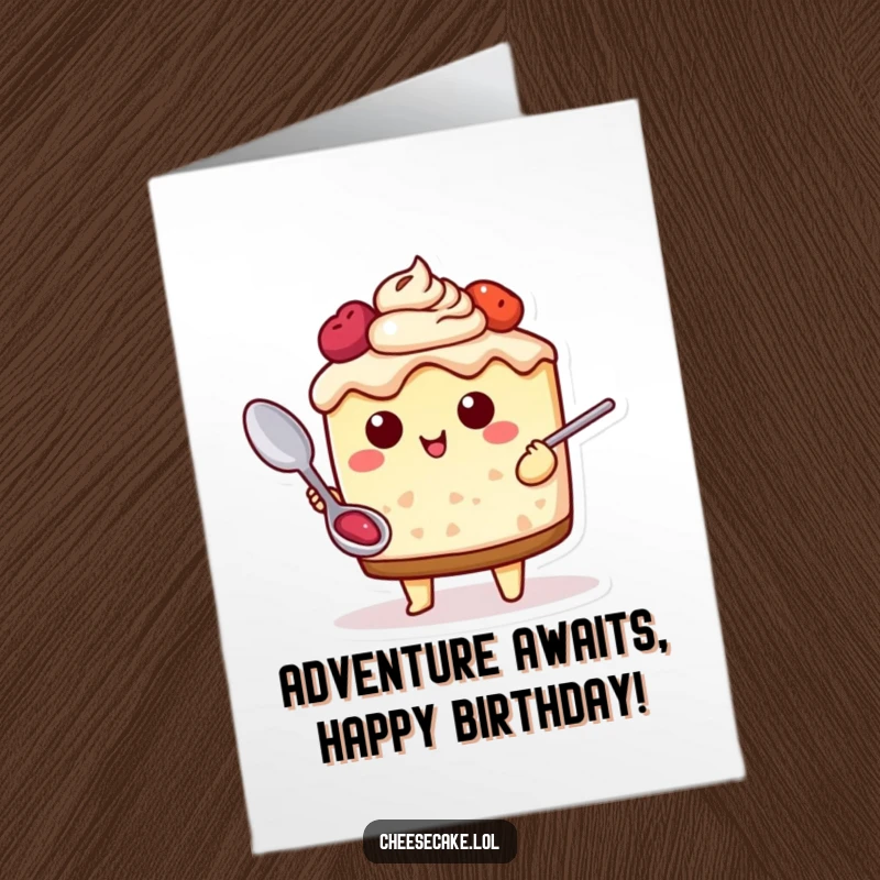 Funny Free Printable Birthday Card: A cheesecake character holds a spoon, poised for a delicious adventure, ready to dig in.