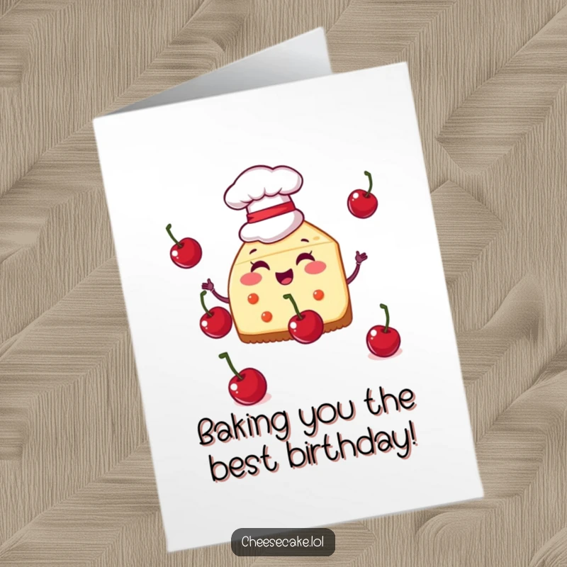 Funny Free Printable Birthday Card: A cheesecake slice in a chef hat expertly juggles bright red cherries.