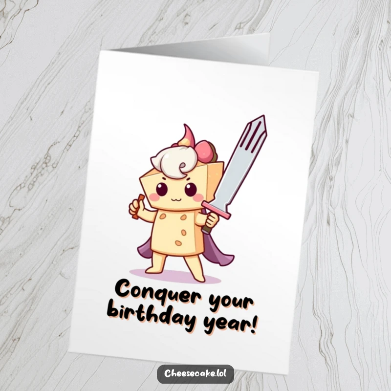 Funny free printable birthday card showing a brave cheesecake character holding a giant fork like a sword, ready for adventure.