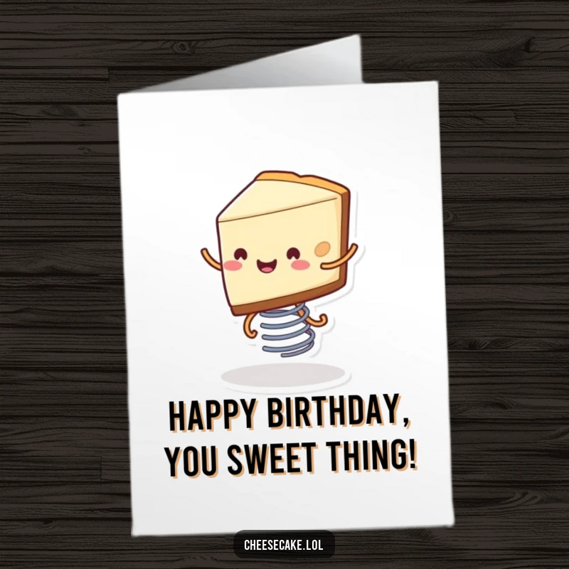 Funny Free Printable Birthday Card: A smiling slice of cheesecake with tiny legs happily bouncing high on a spring.