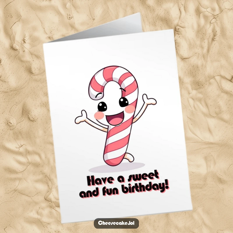Funny Free Printable Birthday Card: Candy cane with a cheerful grin doing a very funny dance, celebrating.